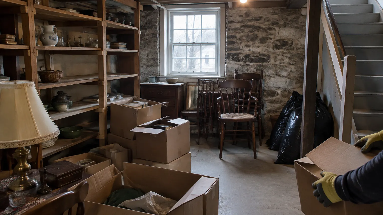 Stone-walled basement mid clean-out with shelves, boxes, chairs and trash bags by the stairs
