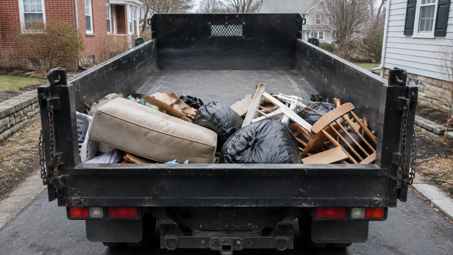 Open dump truck bed about half filled with a couch cushion, chairs and trash bags, with the empty front half visible