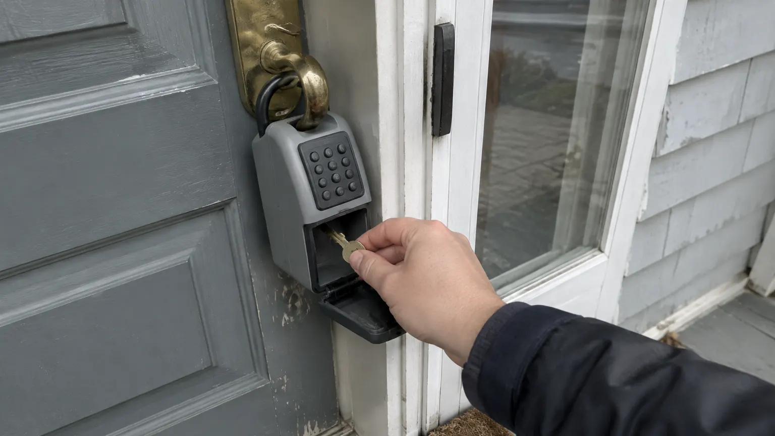 Hand taking a key from a keypad lockbox hung on a front door handle