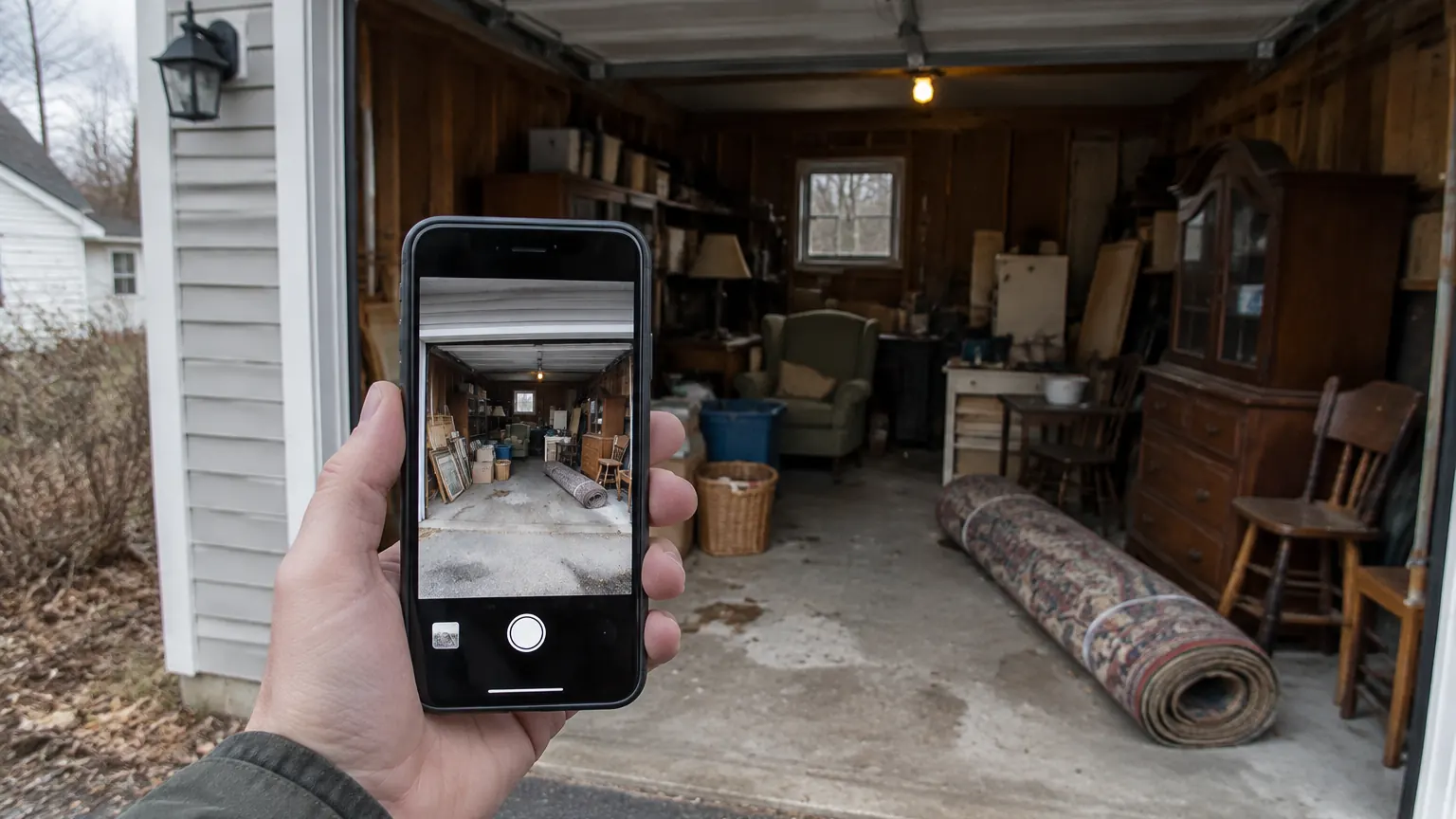 Hand holding a smartphone up to photograph a cluttered one-car garage full of old furniture and a rolled rug
