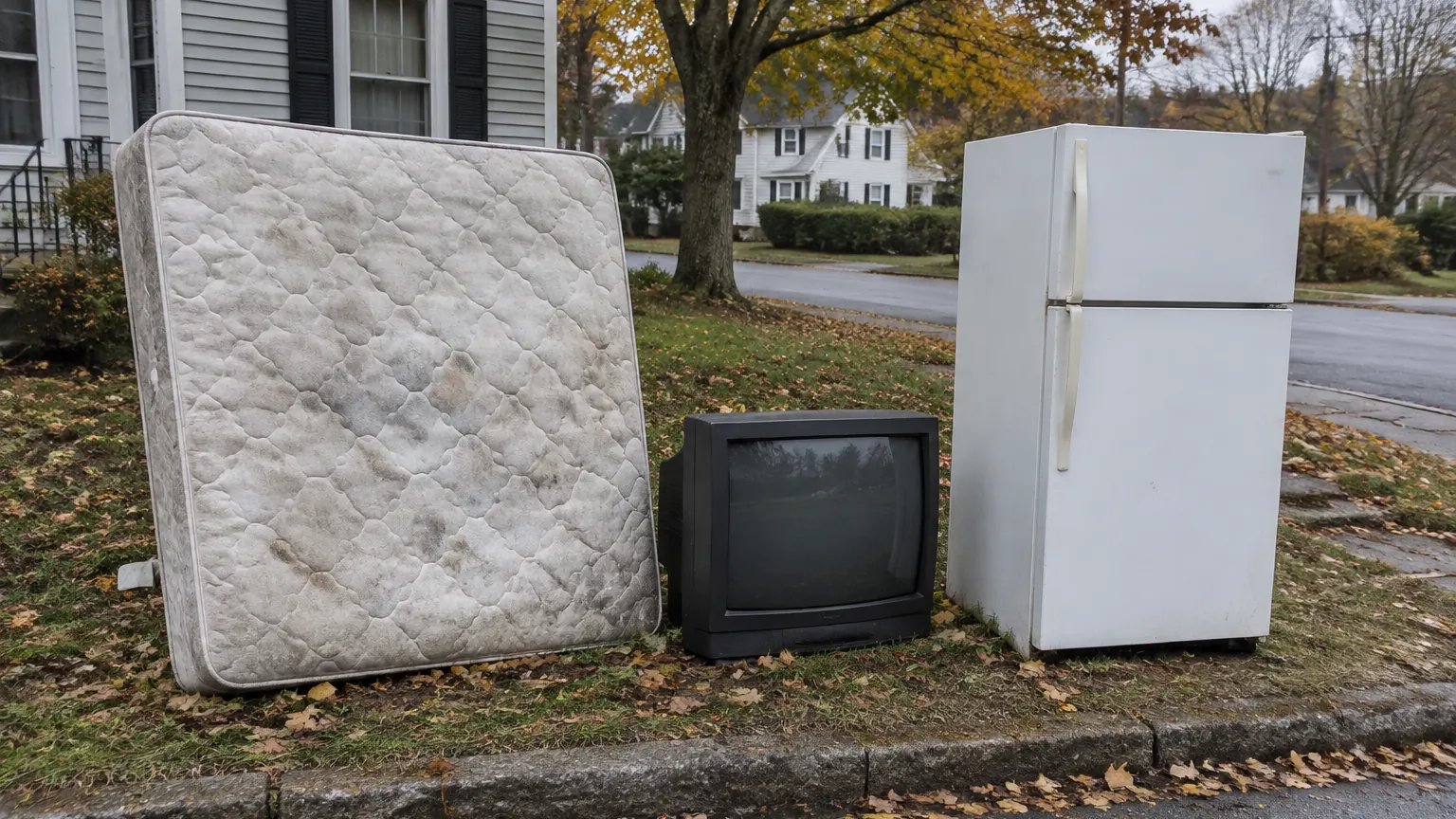 A mattress, an old CRT television and a refrigerator set out at the curb in front of a New England house