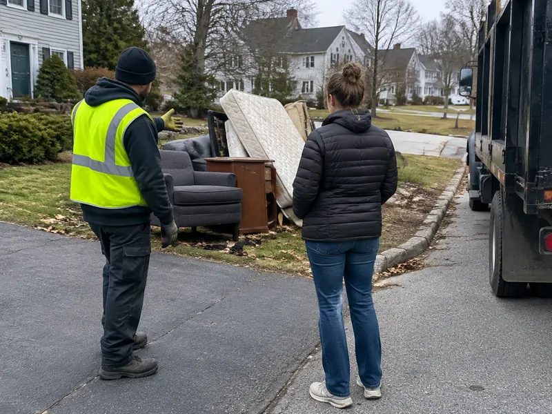 Crew lead in a hi-vis vest pointing out a pile of furniture and a mattress to a homeowner at the curb