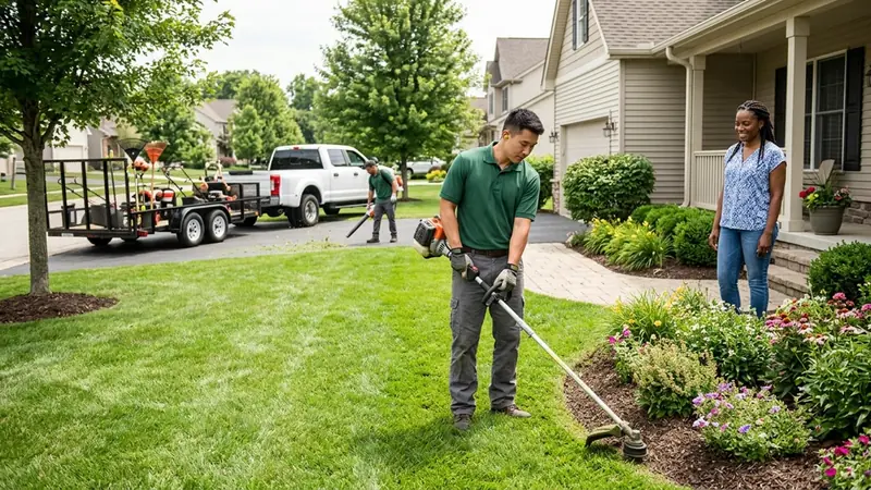 Landscaper trimming a lawn edge with a string trimmer while a homeowner looks on