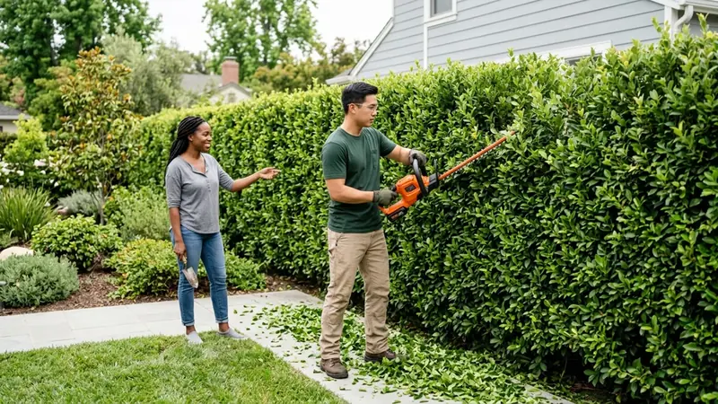 Landscaper shaping a tall green hedge with an electric trimmer