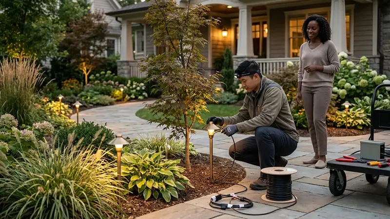 Landscaper installing path lighting in a finished garden beside a stone patio at dusk