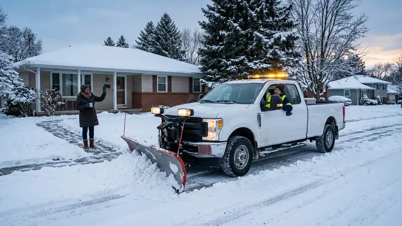 Snow plow truck clearing a residential street while a homeowner waves