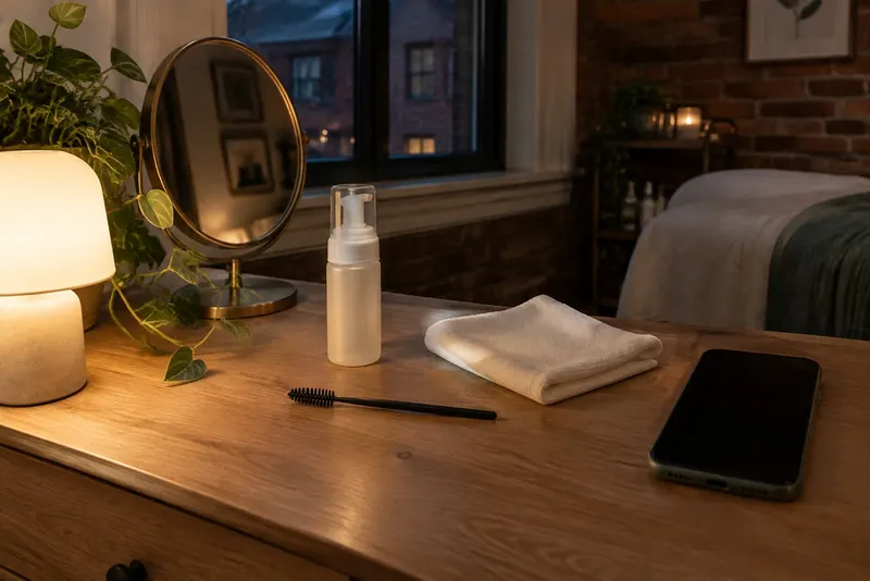 A bedside vanity at night with a lash spoolie, a foam cleanser bottle, a folded cloth and a phone