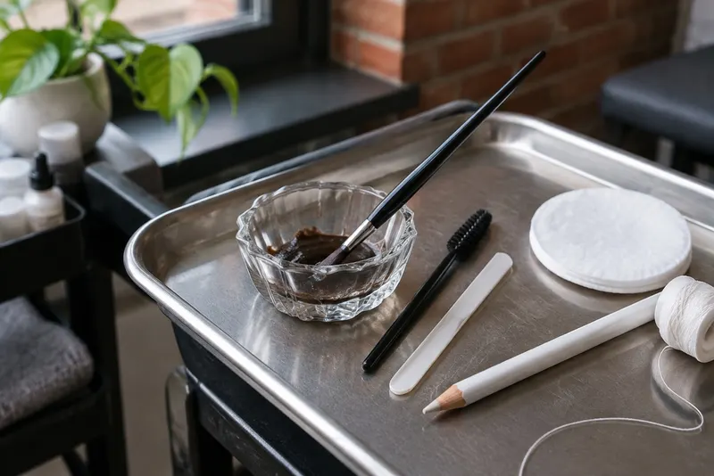 Brow tint dish and brush, spoolie, spatula and mapping pencil with thread laid out on a stainless tray