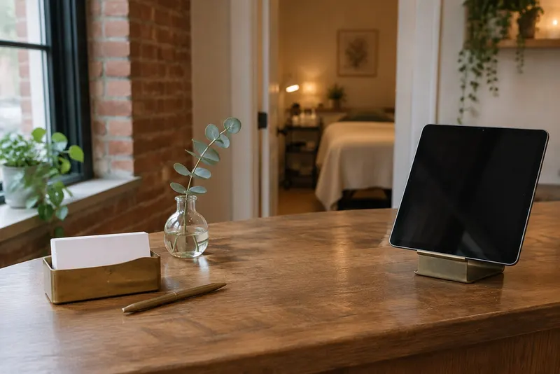 Studio front desk with a brass holder of blank appointment cards, a tablet stand and a eucalyptus sprig