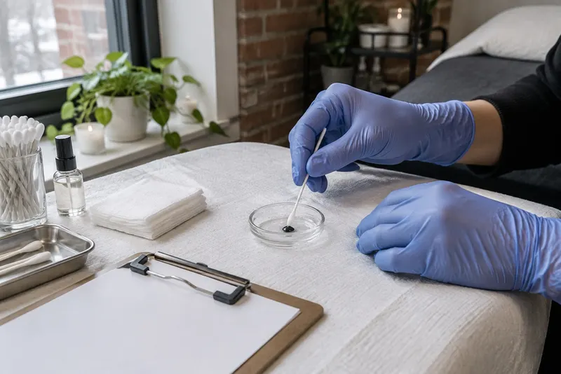 Gloved hands preparing a patch test with a micro swab, a small dish of adhesive and a blank clipboard