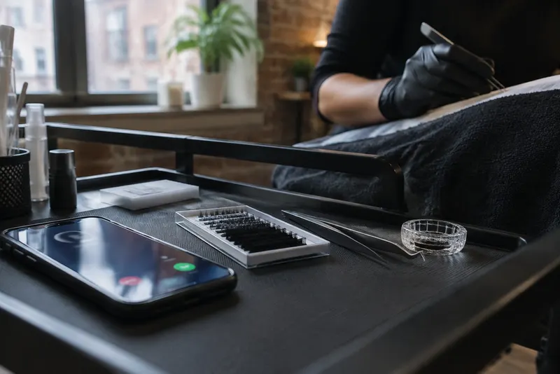 A phone lighting up with an incoming call on an instrument trolley beside a lash tray, with a gloved hand holding tweezers in the background