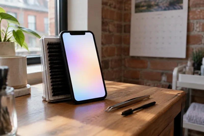 Phone with a softly glowing screen propped against a lash tray beside tweezers and a spoolie brush on a studio table