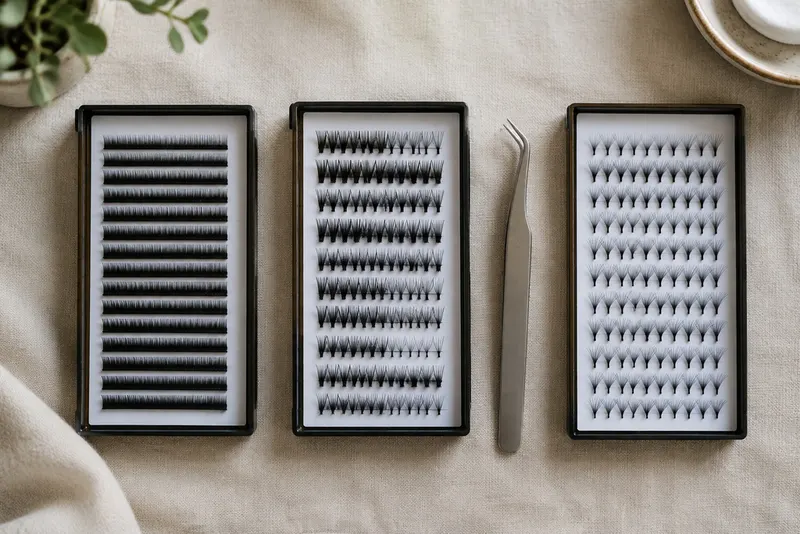Three lash trays side by side holding classic singles, hybrid mix and volume fans, with tweezers between them