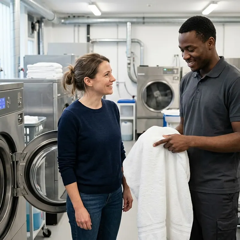 Customer and attendant holding up a large fluffy white comforter beside an industrial washer