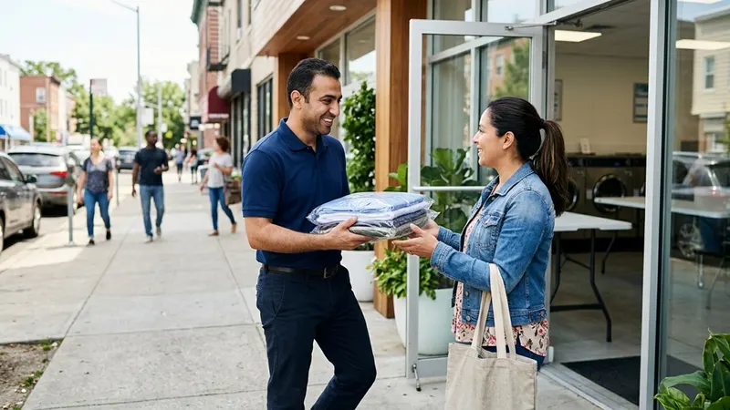 Attendant handing a customer a stack of folded, fresh laundry outside the shop door for pickup