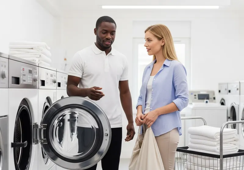 Open washer porthole door in a bright laundromat as a staff member talks with a customer holding a laundry bag