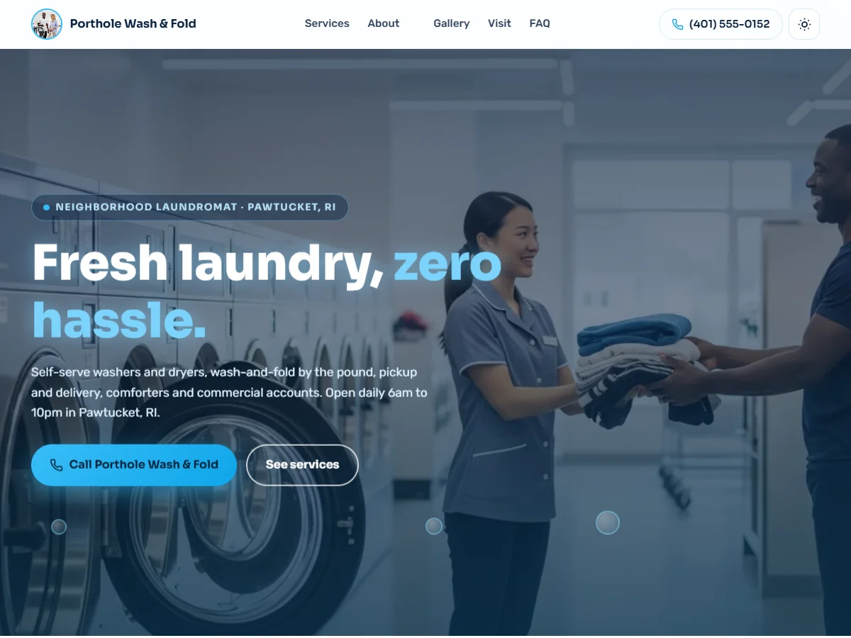 Desktop view of the Porthole Wash & Fold sample website