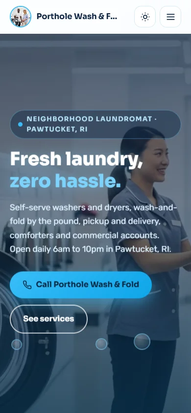 Mobile view of the Porthole Wash & Fold sample website