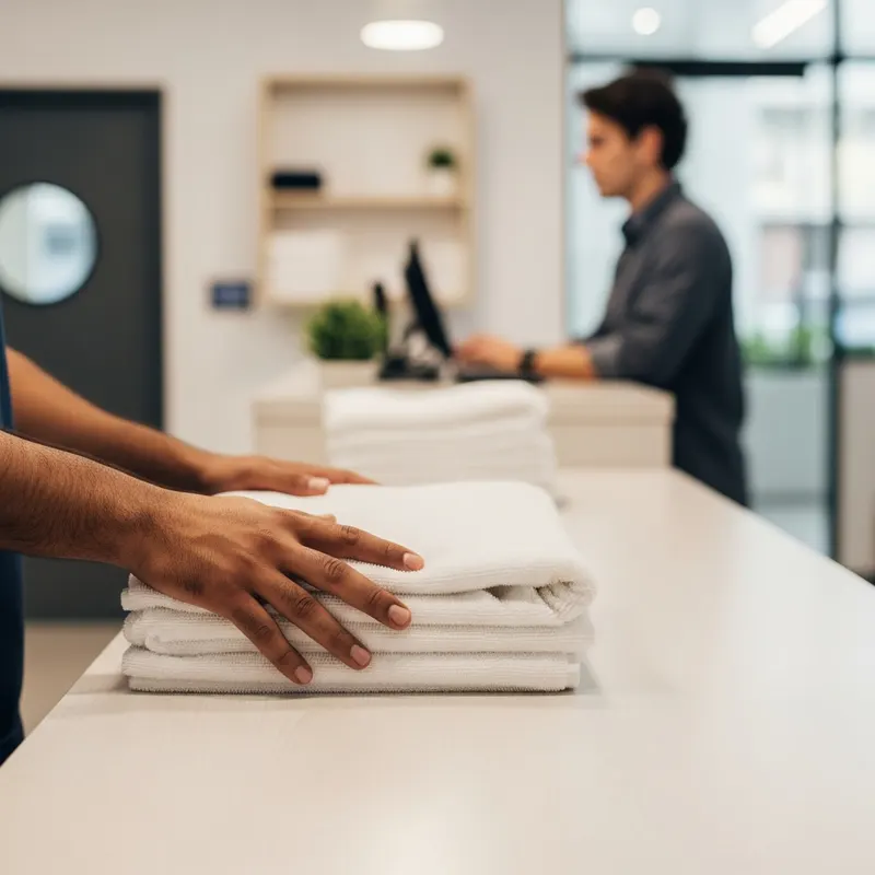 Hands smoothing a neat stack of folded white towels on a clean counter