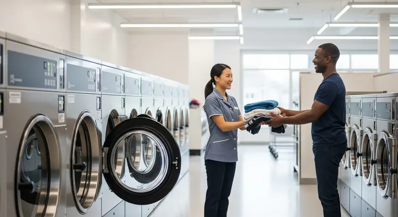 Row of bright commercial washers and dryers with an attendant handing a customer a stack of folded towels