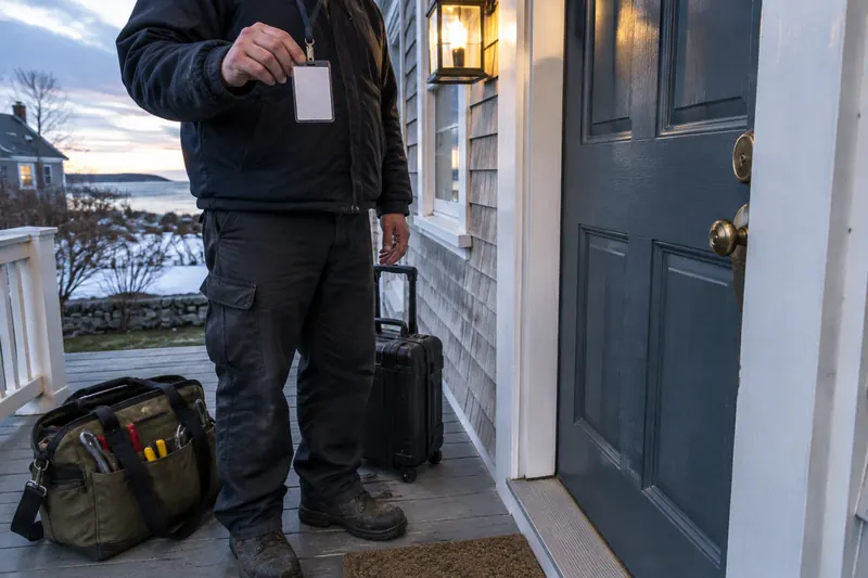 Locksmith technician standing at a front door holding up a blank ID badge on a lanyard, toolbag and rolling case at his feet