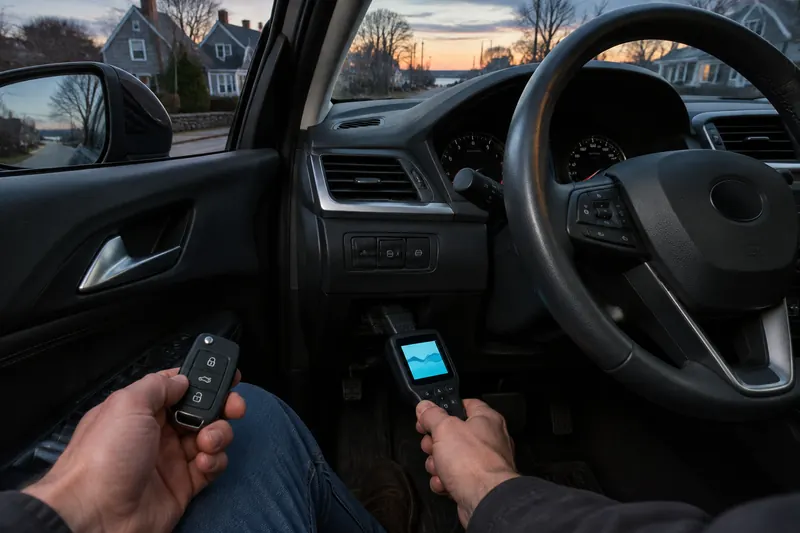 Locksmith plugging a handheld key-programming tool into a car's diagnostic port while holding a key fob