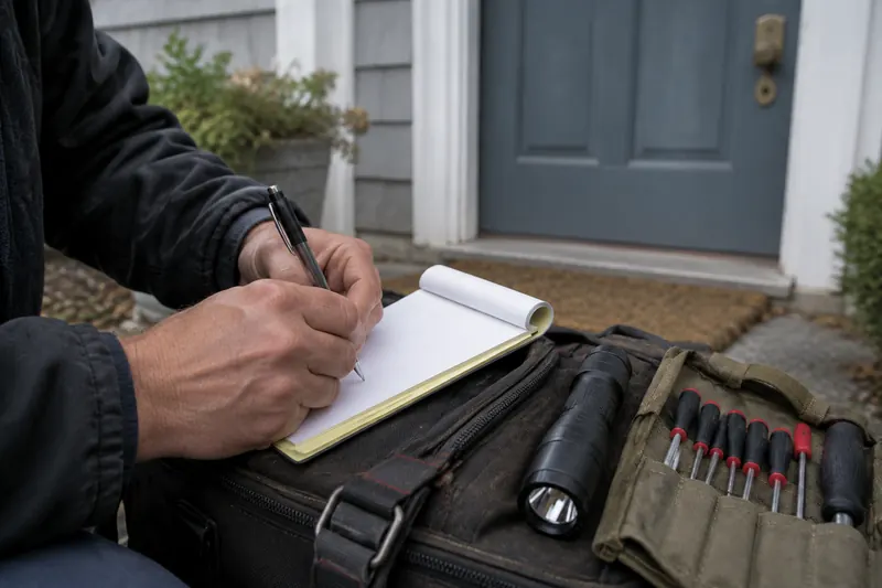 Technician writing on a blank work-order pad resting on a toolbag at a front stoop, with a flashlight and screwdriver roll beside it