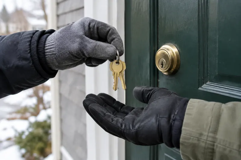 Gloved hands handing over two new brass keys beside a freshly installed brass deadbolt on a green front door