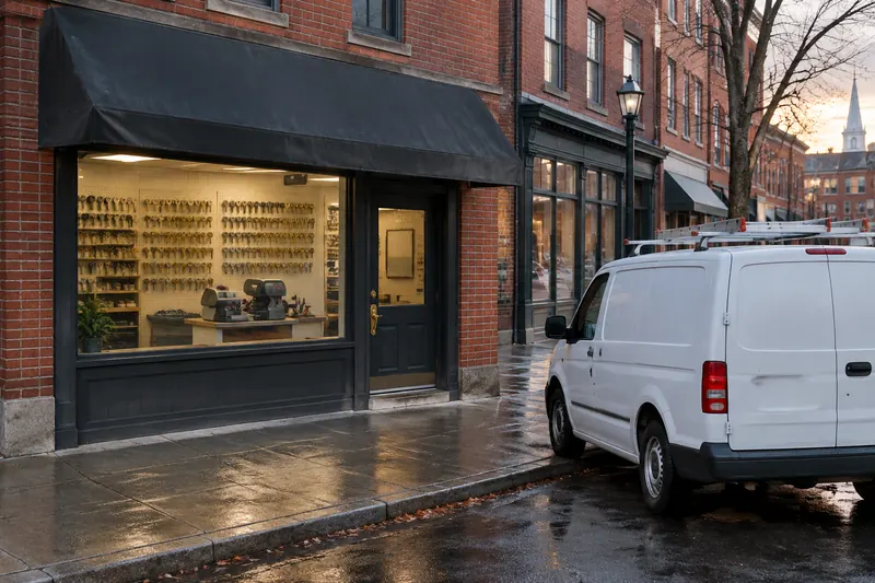 Plain white service van parked outside a small brick locksmith shop with key blanks and a key-cutting machine visible in the window