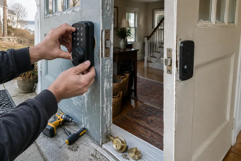 Hands mounting a black keypad smart deadbolt onto a weathered painted wooden front door with a drill and old brass lock on the step