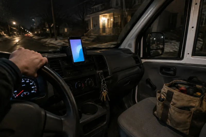 Inside a white work van at night: a hand on the steering wheel, a phone glowing in the dash mount, a ring of keys on a hook and a toolbag on the seat, a lit porch visible through the windshield