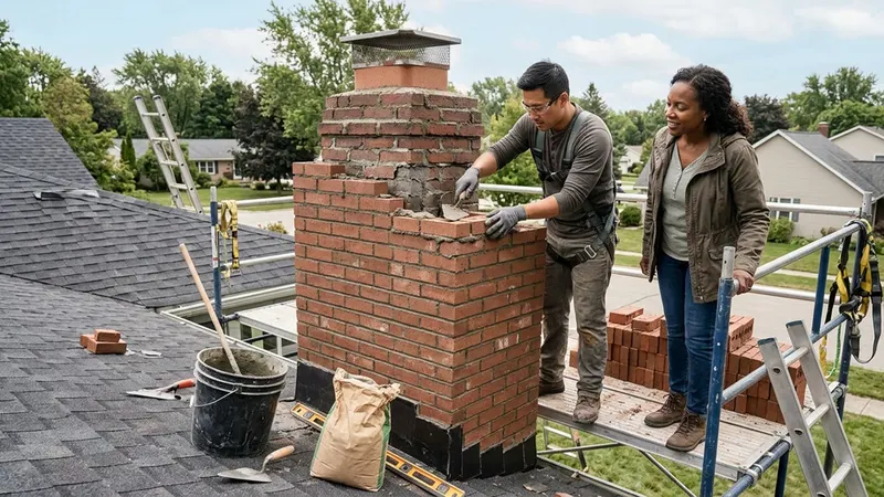 Mason rebuilding a brick chimney stack on a roof while a homeowner watches from a ladder