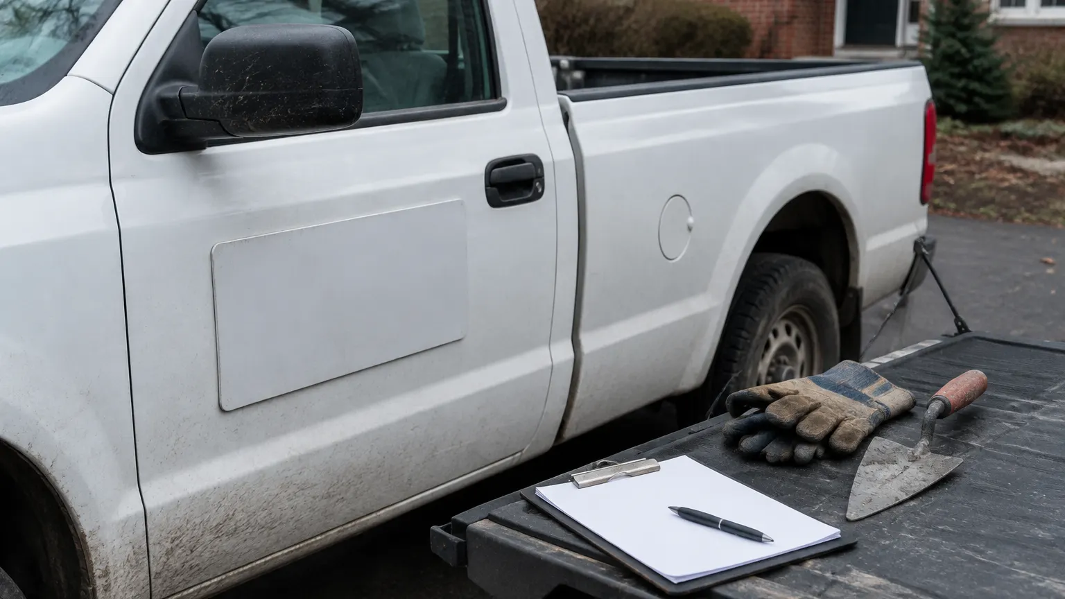 White work pickup with a blank door panel and a clipboard of blank paper, work gloves and a brick trowel on the open tailgate