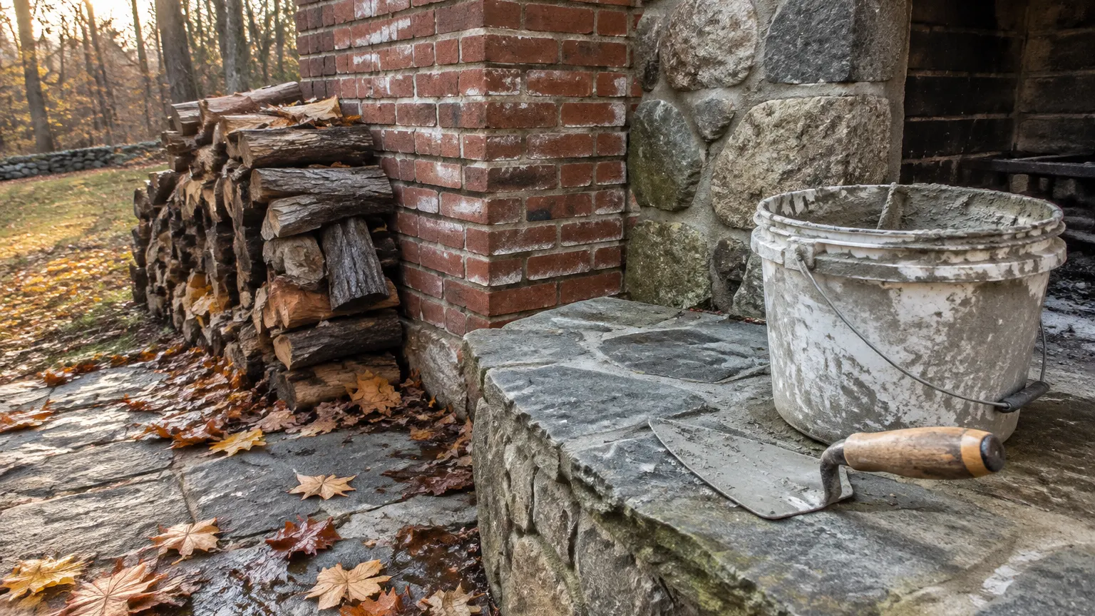 Fallen maple leaves on a bluestone hearth ledge beside a brick and fieldstone chimney, with a mortar bucket, trowel and stacked firewood