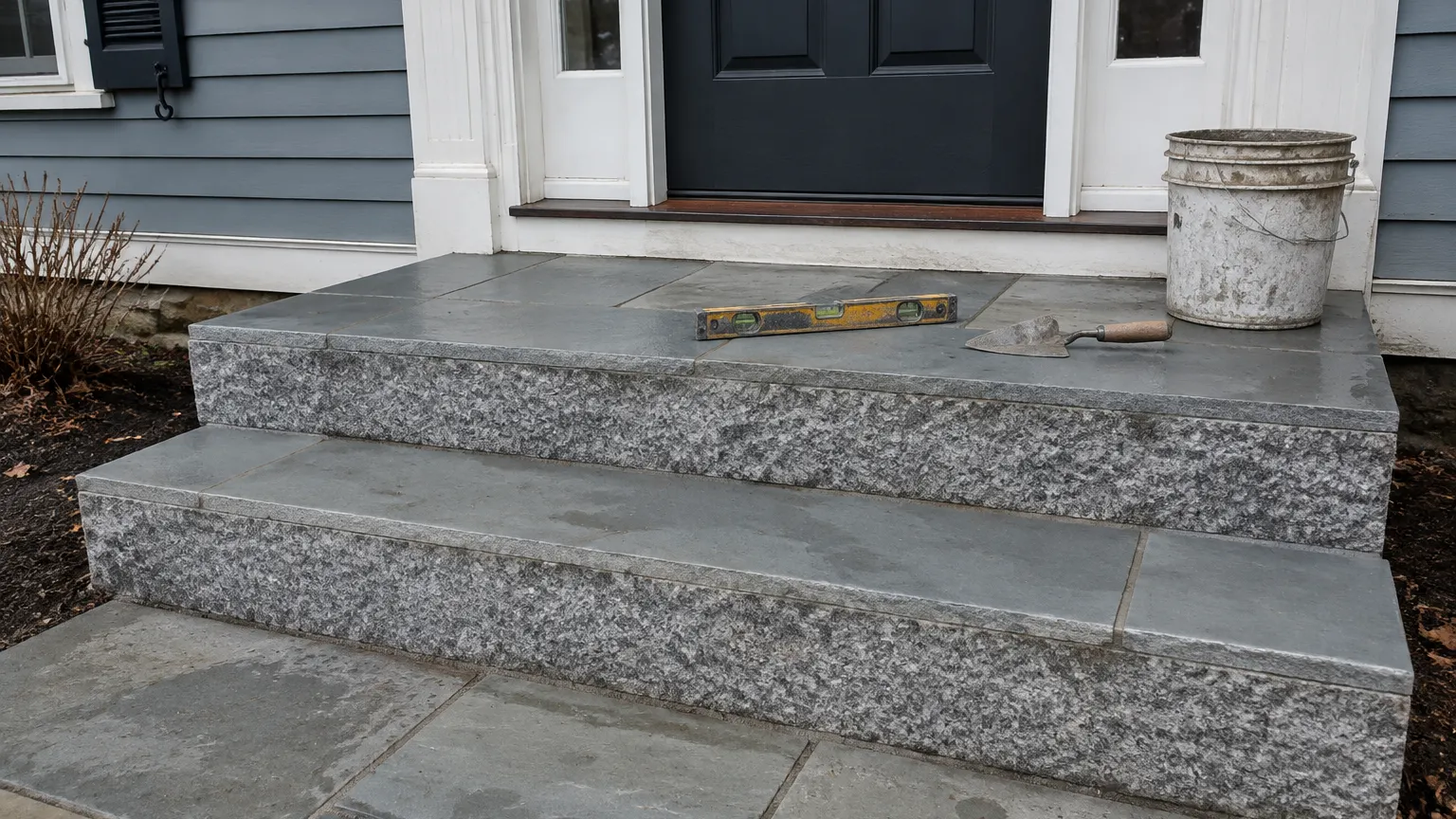 Finished granite and bluestone front steps with a level and trowel on the top step