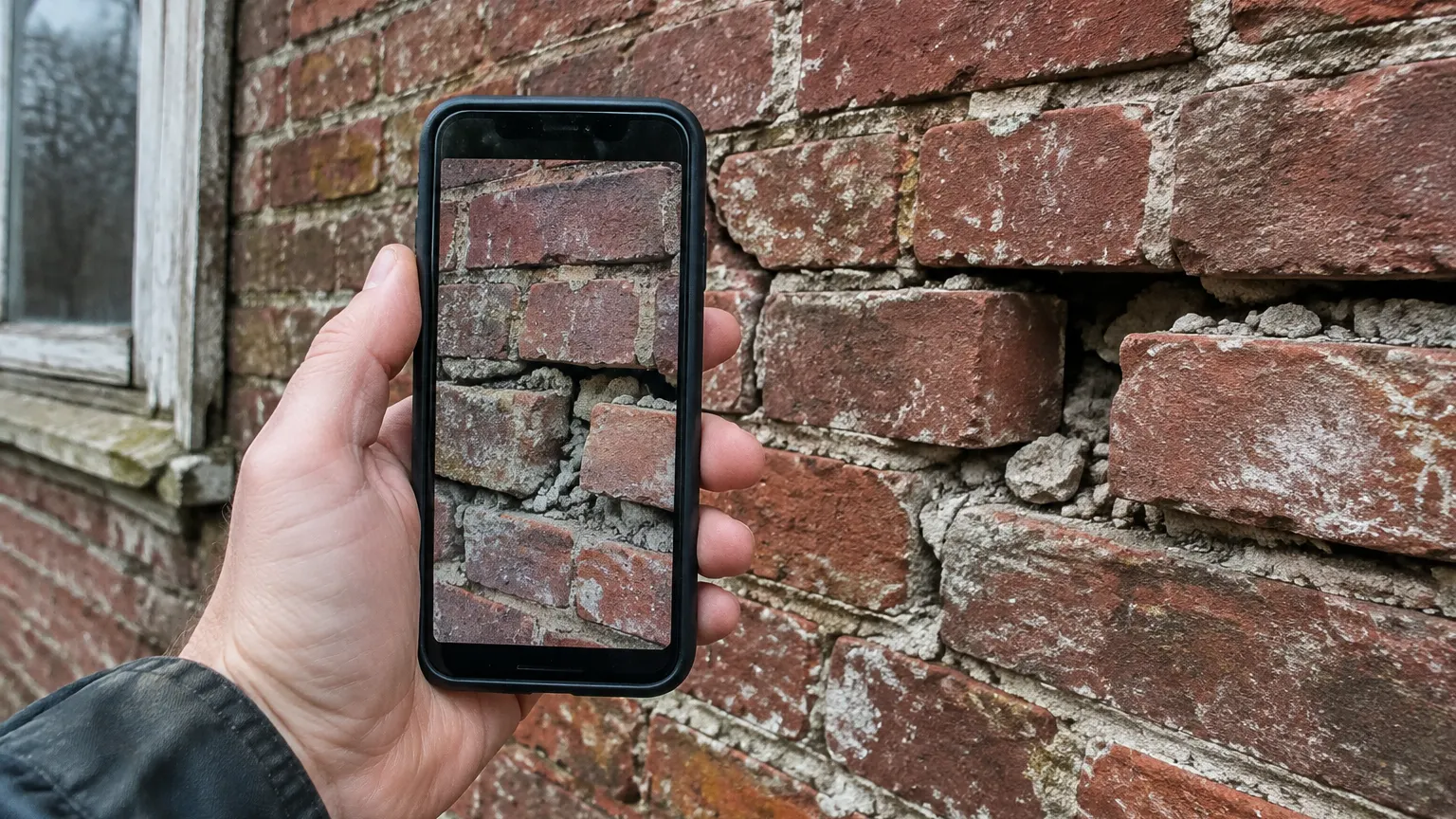 Hand holding a phone to photograph a crumbling mortar joint and loose bricks on an old red brick wall