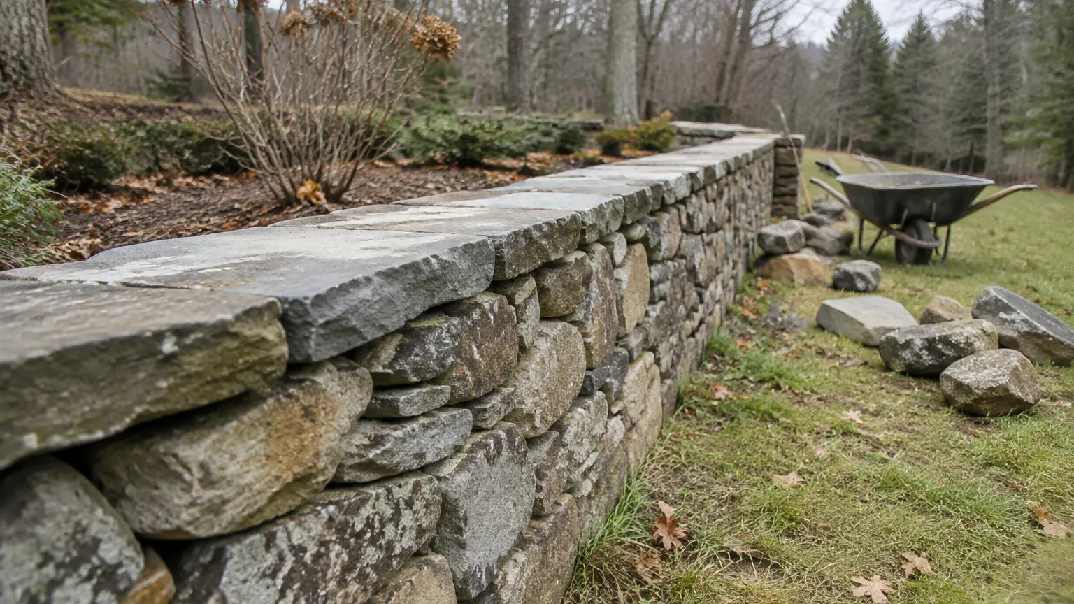 Finished dry-laid fieldstone wall with flat capstones and a wheelbarrow at the far end