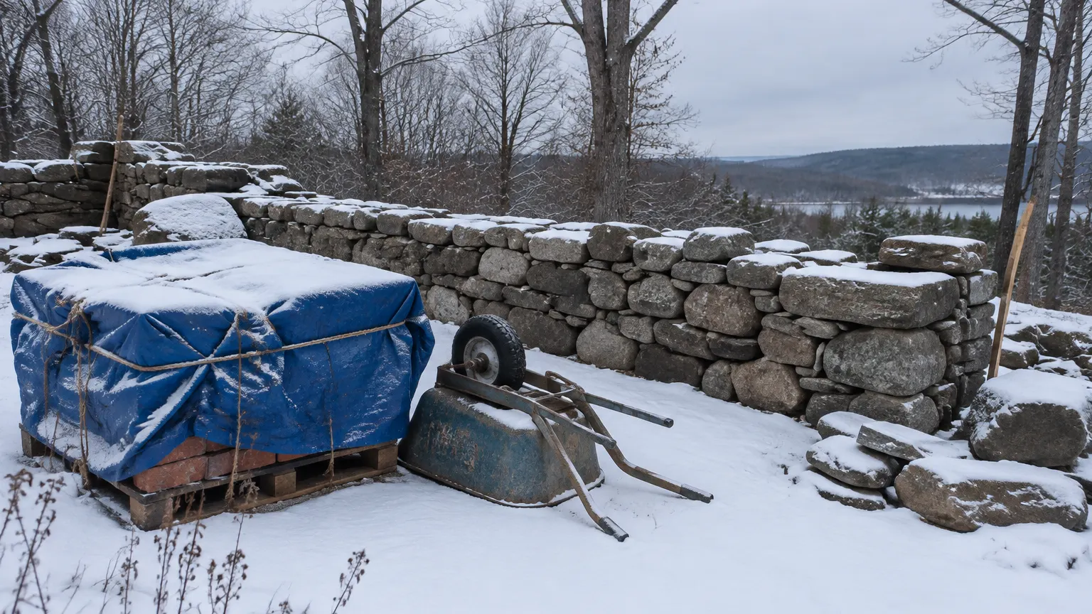 Snow-dusted half-built fieldstone wall with a tarped pallet of bricks and an upturned wheelbarrow, waiting for spring