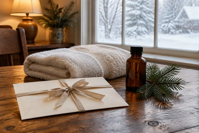 A cream envelope tied with linen ribbon, a folded towel and a pine sprig on a wooden table in front of a snowy window