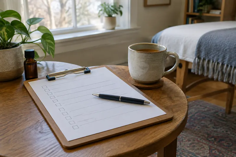 A blank intake form on a clipboard beside a mug of tea in a calm treatment room