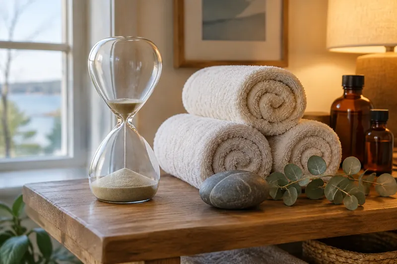 A glass sand timer beside rolled cream towels, a smooth grey stone and a eucalyptus sprig