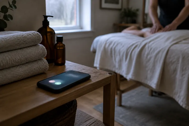 A phone with an incoming call glowing on a shelf beside folded towels, with a therapist working at a table in soft focus behind