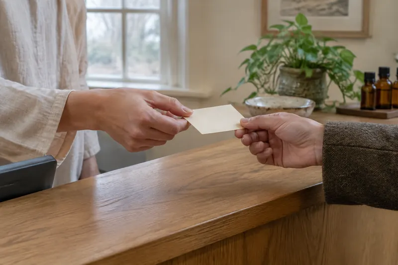 Two hands passing a blank cream appointment card across a wooden reception counter