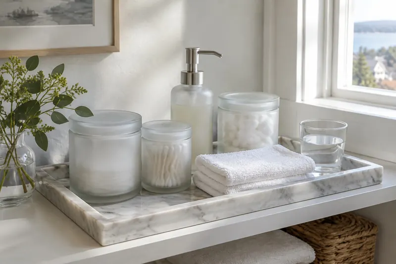 Marble tray with frosted jars, a pump bottle, folded washcloths and a glass of water beside a window