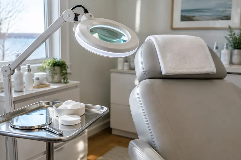 Skin-assessment station with a lit magnifier lamp beside a reclining chair with a folded towel