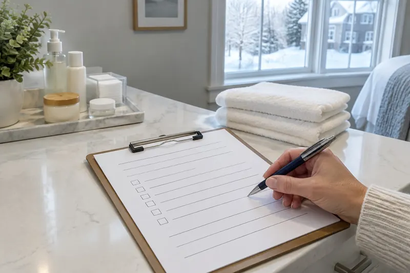 A hand signing a blank clipboard form on a treatment-room counter with folded towels and a snowy window behind