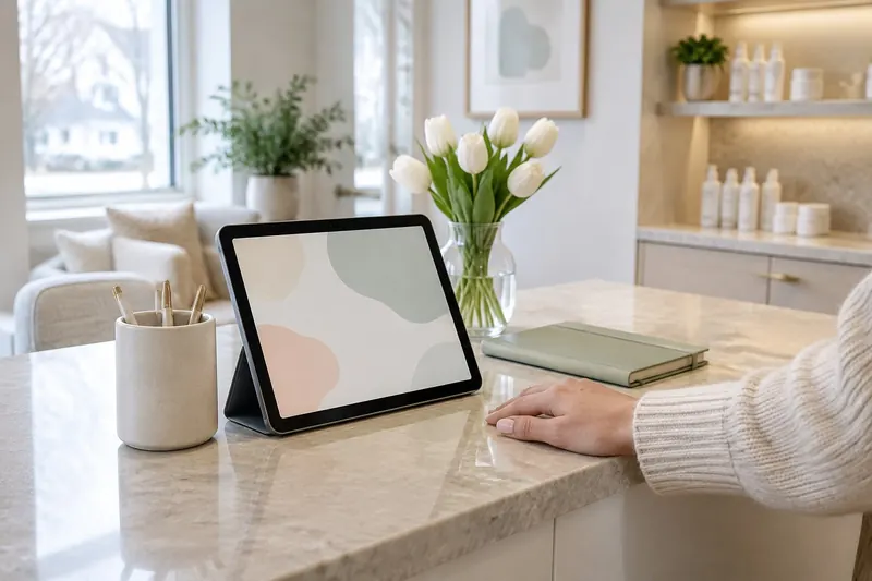Clinic front desk with a tablet, a vase of white tulips and a hand resting on the counter