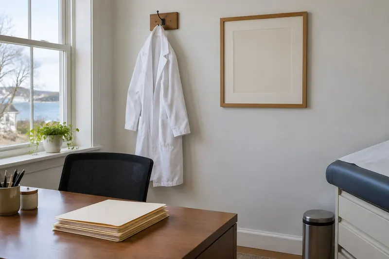 A white clinic coat on a wall hook beside an empty frame in a small clinic office