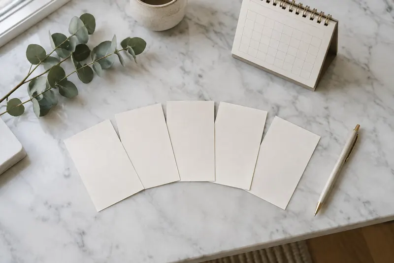 Five blank appointment cards fanned out on a marble counter with a pen and a desk calendar
