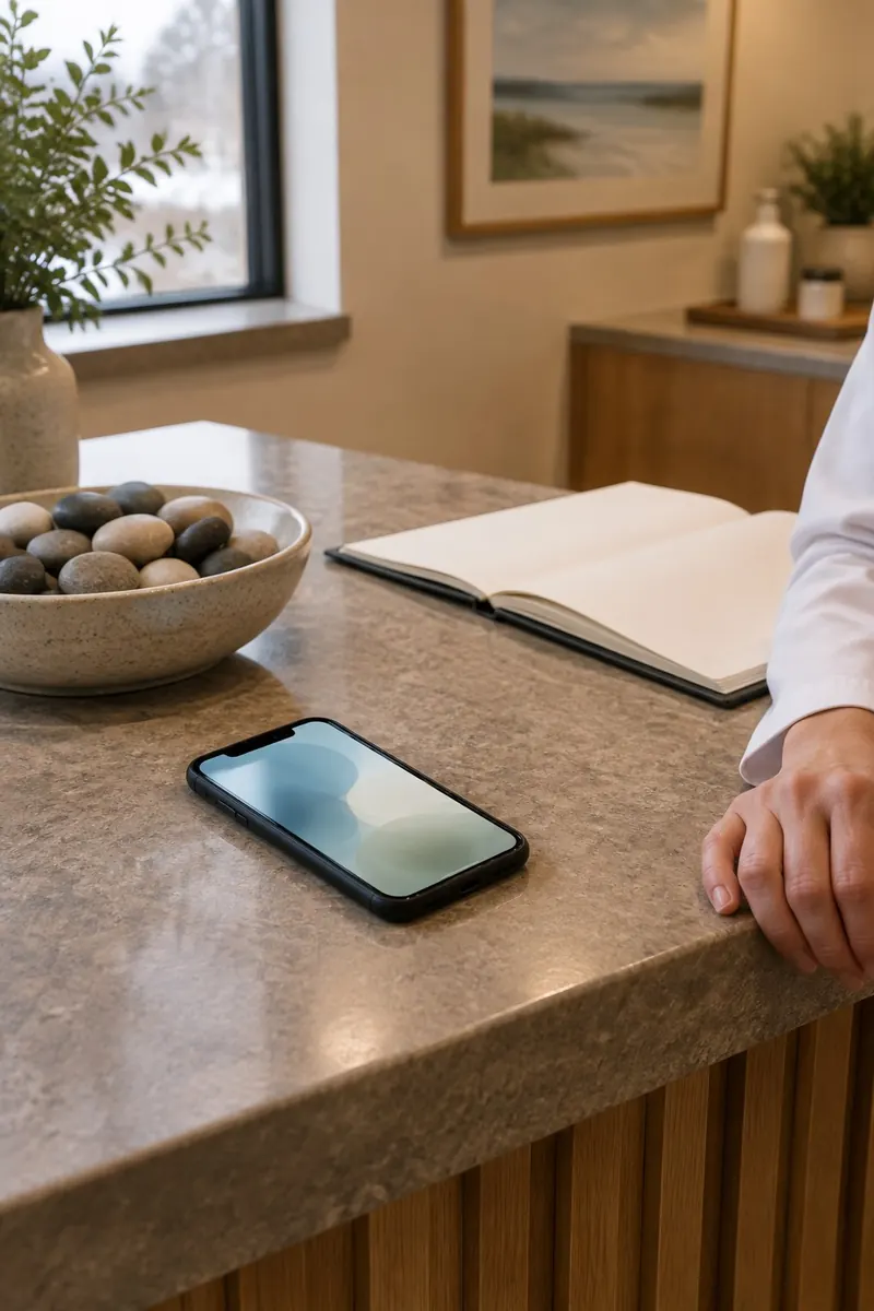 A phone glowing on a stone reception desk beside a bowl of pebbles and an open appointment book